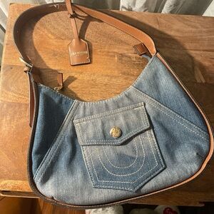 Denim Shoulder Bag with Brown Accents